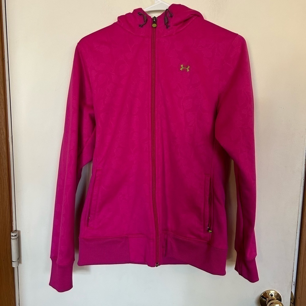 Medium ladies, bright pink, under armor with fleece inside lime detail logo